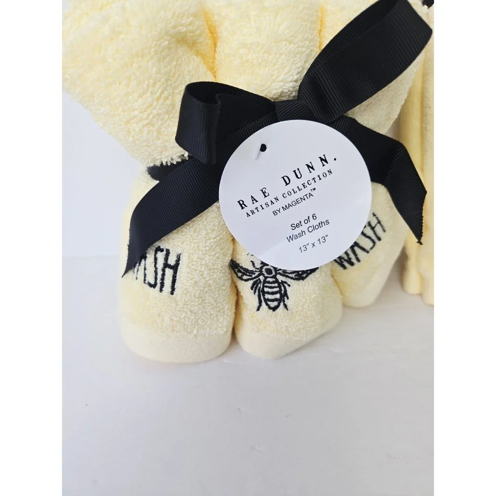 Rae Dunn Yellow Black Wash Cloths x6 + Hand Towel bee NEW